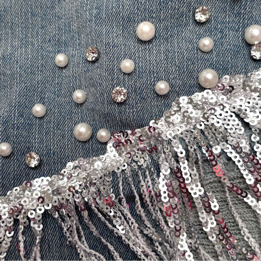 Ripped Denim Delicate Pearl Rhinestones Fringe Tassel High Waist Jean Shorts - Picture 2 of 9
